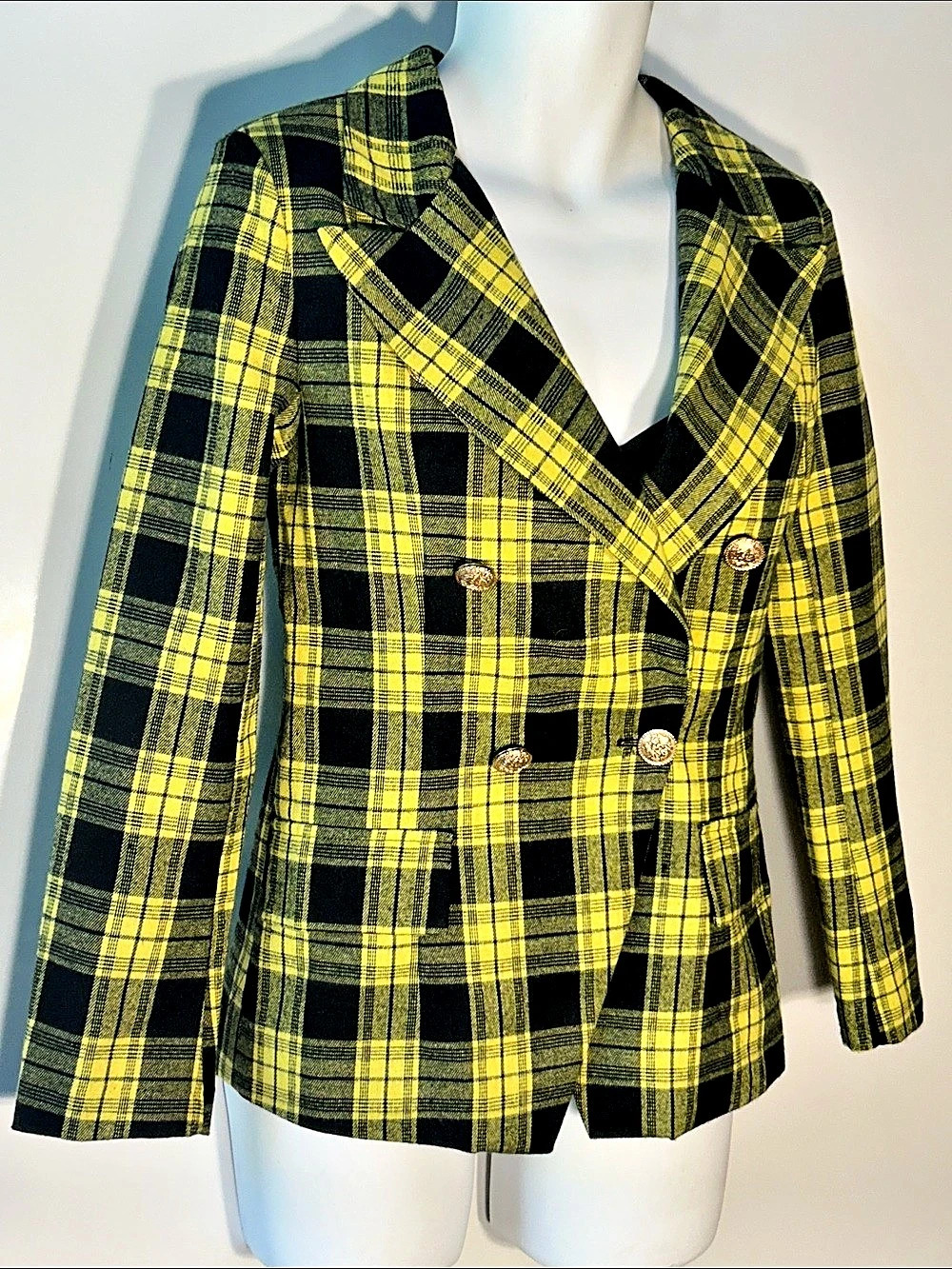 Attitude Unknown Yellow & Black Plaid Tailored Blazer Academia Old Money Retro